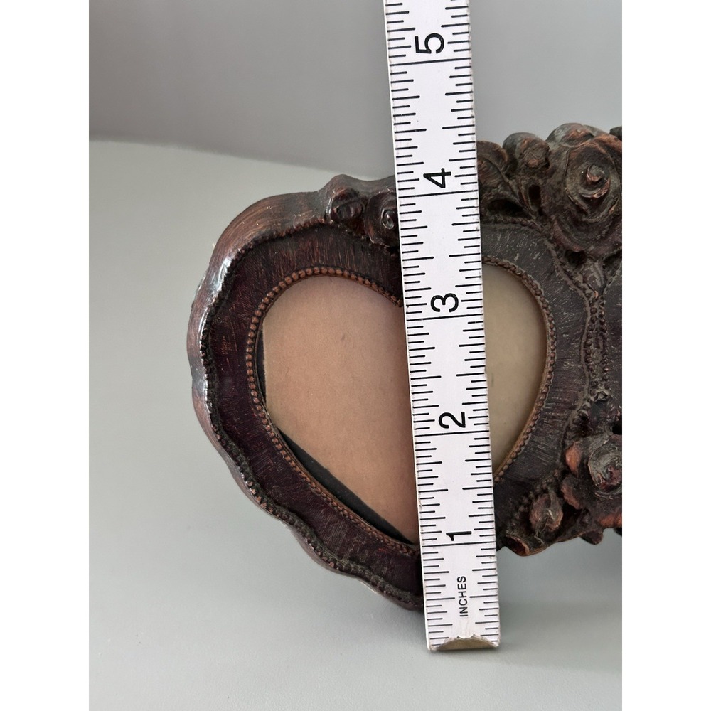 Vintage 7" Long Picture Frame Wood Carved Look - Rose Flower Double Heart Shape - Picture 8 of 8